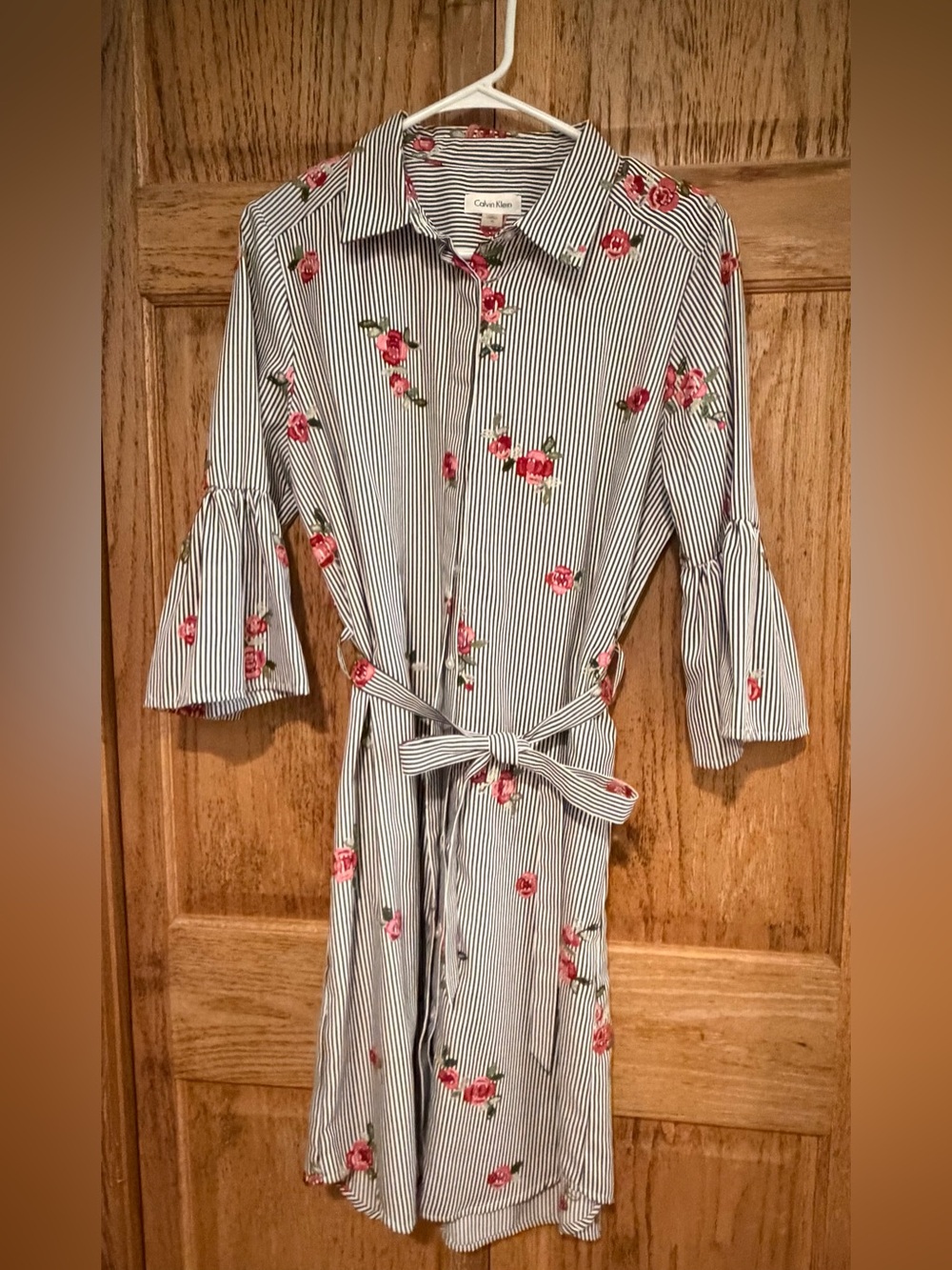 Calvin Klein Black and White Striped Floral Shirt Dress with Pink Roses size 10
